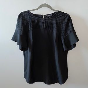 SHORT SLEEVE WOVEN MESH NECK BLOUSE